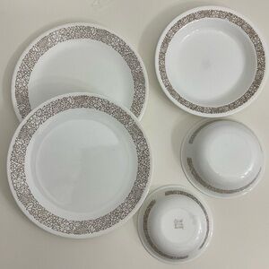 Corelle Woodland Brown dinner plates;one salad bowl; one cereal bowl; small bowl